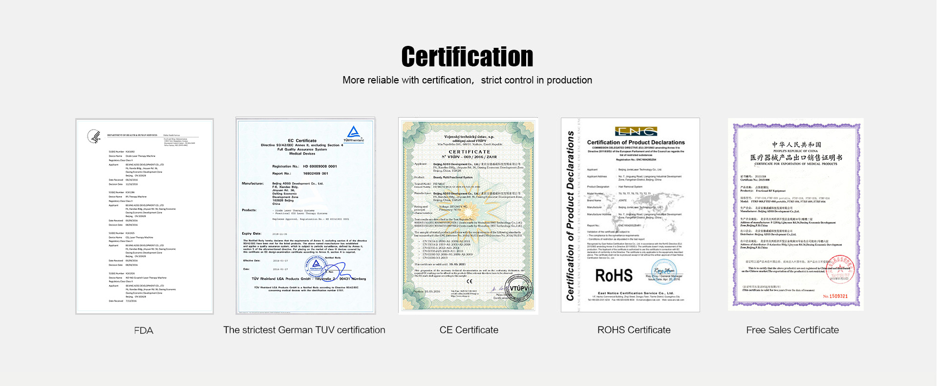 Certificado de producto de equipo de belleza láser médico